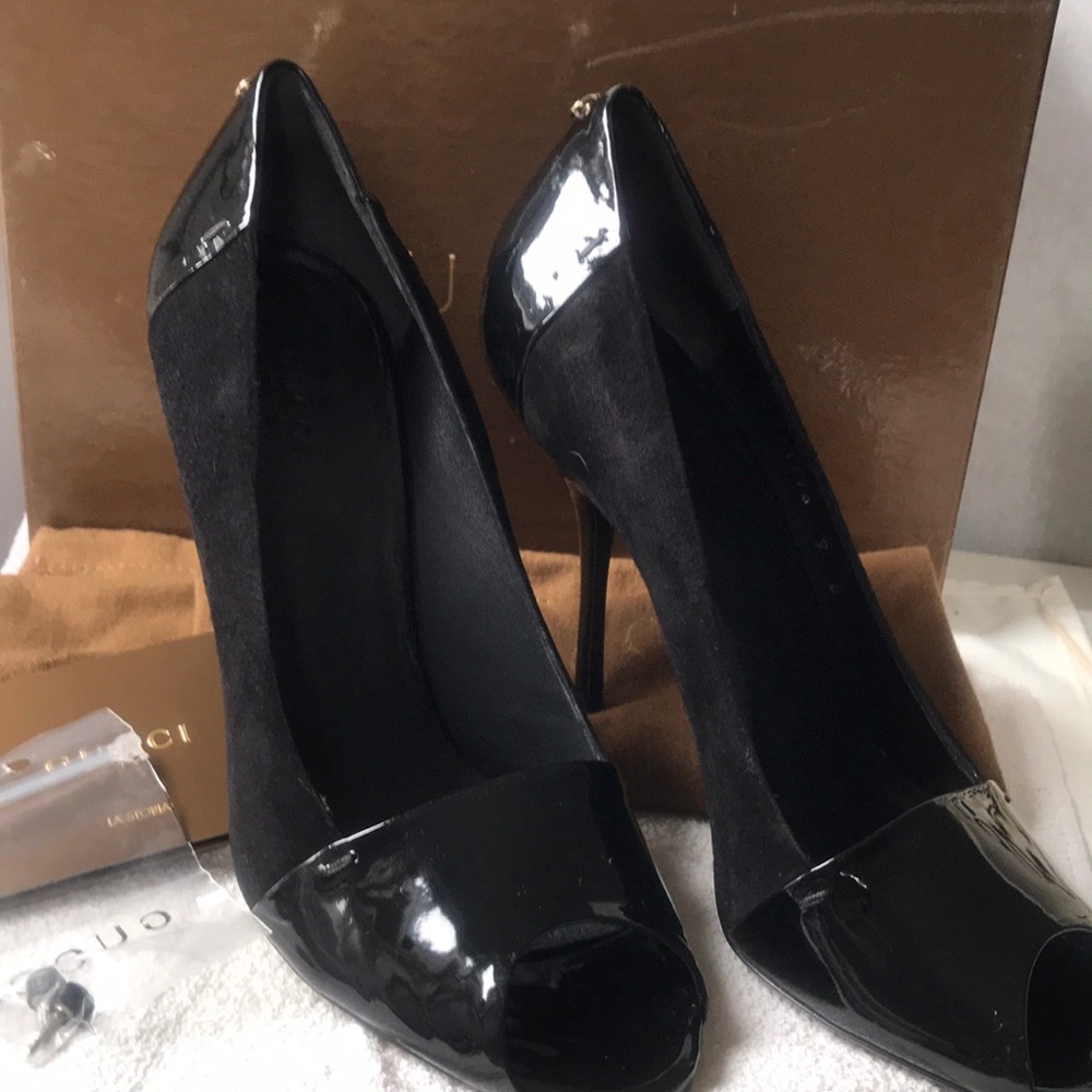 Gucci Sand Pelle S Cuoio Nero Soft Kid Black Patent Suede Leather Heels 9B